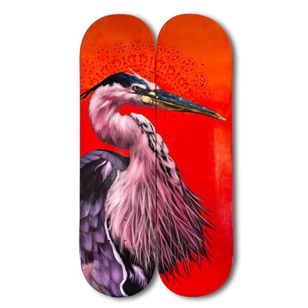 Blue Heron Crane | Jeffrey Nemenzo | Acrylic on Skate Deck | 22 x 31 | 2025