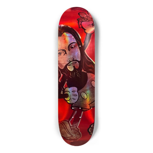 Cheezus | Brian J Hoffman | Digital Heat Transfer Pearlescent Watercolor on Skateboard | 8x32 in | 2025