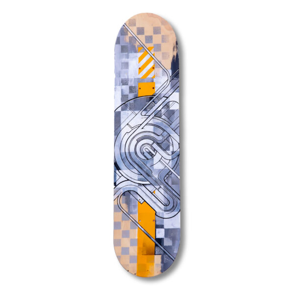 Inner Core | Micah Hancock | Acrylic and Spray Paint on Skateboard | 7.6x33 in | 2025