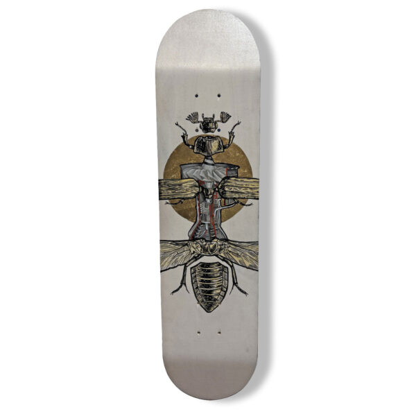 What's Old Is New | Robert Bowen | acrylic and gold leaf on skate deck | 31 x 7.5 | 2025