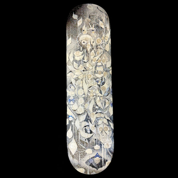 Morning Doves | Ian Ross | Acrylic and Spray Paint on Skate Deck | 8 x 31 | 2025