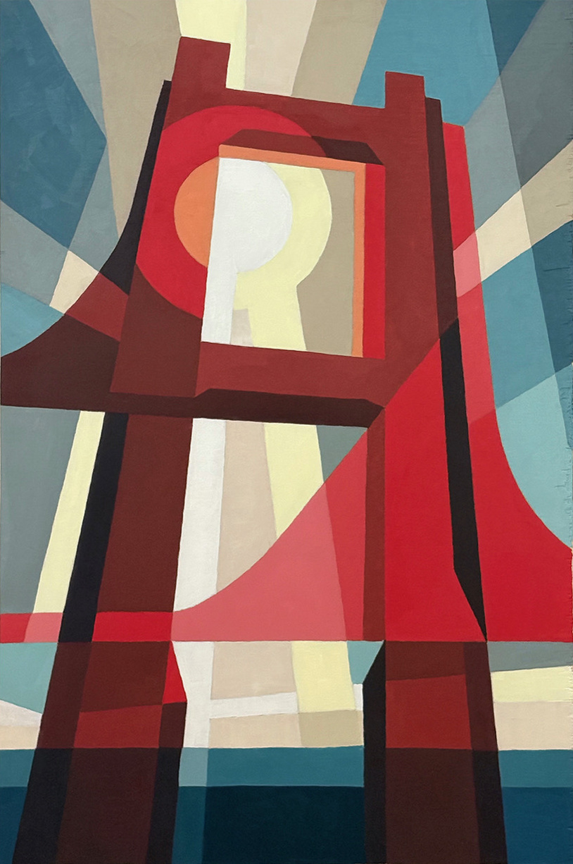 Golden Gate Bridge #4 by John Bell, a red bridge tower rendered in geometric shapes against cream and blue