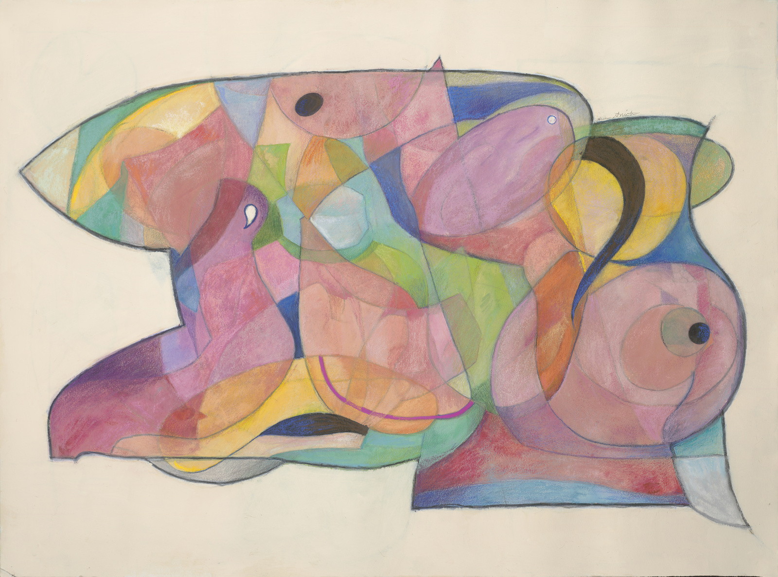 Homage To Mom by Kim Smith, two abstract faces in layered pink, yellow, green and lavender pastel