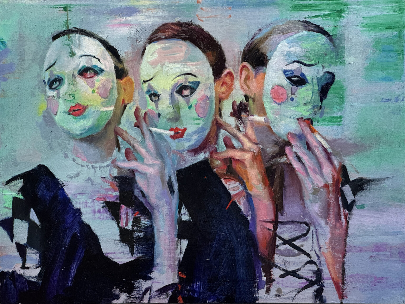 No Filters by Joe Ceballos, painted figures fragmented into green and lilac passages