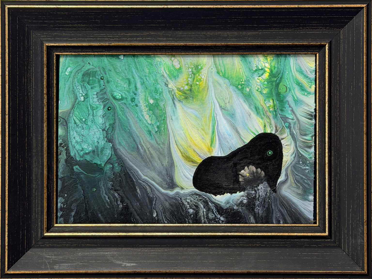 Jiri 62 by Jiri Jacknowitz, a small green and black watercolor shown in its black and gold frame